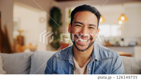 Smile, relax and portrait of man in new home with confidence for property ownership. Happy, pride and male person from India with calm, peace and positive attitude in living room at apartment. Smile, relax and portrait of man in new home with confidence for property ownership. Happy, pride and male person from India with calm, peace and positive attitude in living room at apartment. 126149735