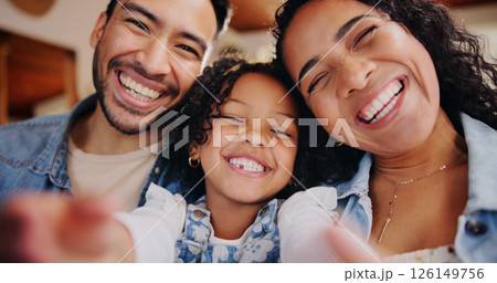 Selfie, happy and portrait of parents with child in home for memory, profile picture or social media. Smile, love and girl kid with mother and father for photography together in family house. 126149756
