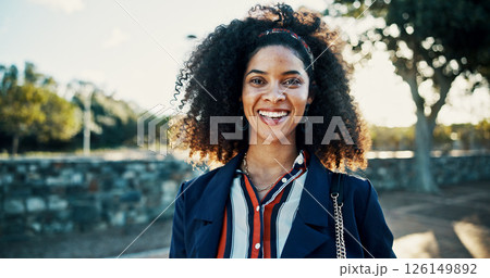 Portrait, business and woman in city, excited and confident personality with financial consultant. Happy person, outdoor or employee with break, morning commute or career ambition with urban town 126149892