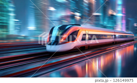 High-speed train in motion on urban tracks with vibrant city lights reflecting at night 126149975