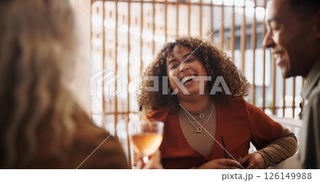 Restaurant, friends and woman with alcohol for laughing, comedy and bonding together for reunion. Pub, group and people with wine glass to drink, social gathering and happiness for catching up 126149988