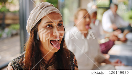 Breathing, meditation and tongue out with woman in yoga class for pranayama or stress relief. Fitness, lions breath and wellness with yogi people in studio for balance, inner peace or mental health 126149989