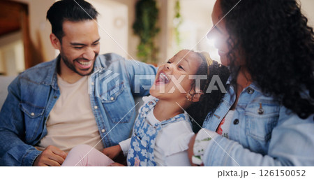Parents, girl and tickle on sofa, happy and bonding with love, joke and relax in lounge at family house. People, mother and father with child, care and funny game with laughing in living room at home Parents, girl and tickle on sofa, happy and bonding with love, joke and relax in lounge at family house. People, mother and father with child, care and funny game with laughing in living room at home 126150052