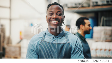 Distillery, smile and portrait of man in factory for alcohol production, manufacturing and distribution. Warehouse, industrial business and confident person for fermentation, bottling and brewery 126150084