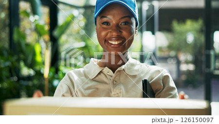 Cardboard box, delivery and portrait of woman with parcel for logistics distribution with career. Happy, supply chain and African female courier driver with package for order with cargo service. Cardboard box, delivery and portrait of woman with parcel for logistics distribution with career. Happy, supply chain and African female courier driver with package for order with cargo service. 126150097