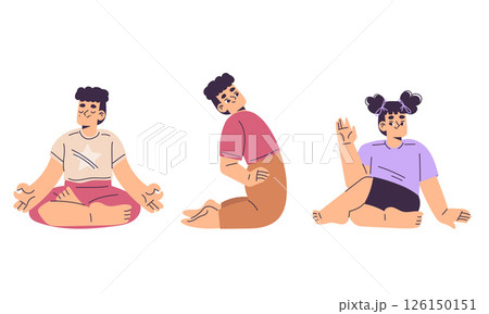 Kids yoga, modern flat style Explore our Dynamic Movement Poses Collection, ideal for engaging in various diverse activities yoga, vector illustration 126150151