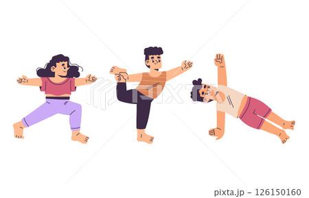 Kids yoga, modern flat style Explore our Dynamic Movement Poses Collection, ideal for engaging in various diverse activities yoga, vector illustration Kids yoga, modern flat style Explore our Dynamic Movement Poses Collection, ideal for engaging in various diverse activities yoga, vector illustration 126150160