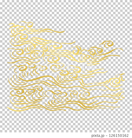 金色日式線條藝術向量插圖。墨與筆的粗獷波浪。海洋、河流和飛濺概念 126150162