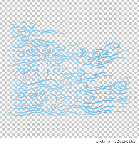 藍色日式線條藝術向量插圖。墨與筆的粗獷波浪。海洋、河流和飛濺概念 126150163