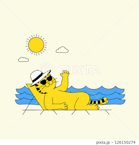 Cartoon Cat Relaxing on Beach Cartoon Cat Relaxing on Beach 126150274