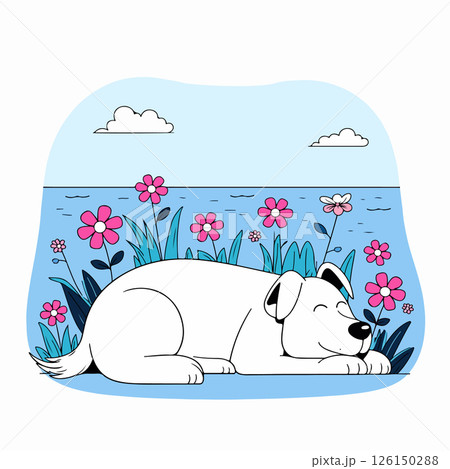 Sleeping Dog in a Flower Field 126150288