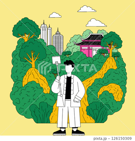 Man with Selfie Stick in Urban Nature 126150309