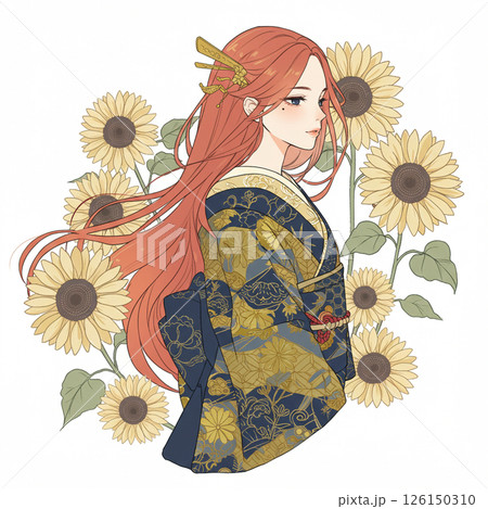 和美人＆ひまわりイラスト(正方形) 126150310