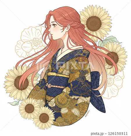 和美人＆ひまわりイラスト(正方形) 126150311
