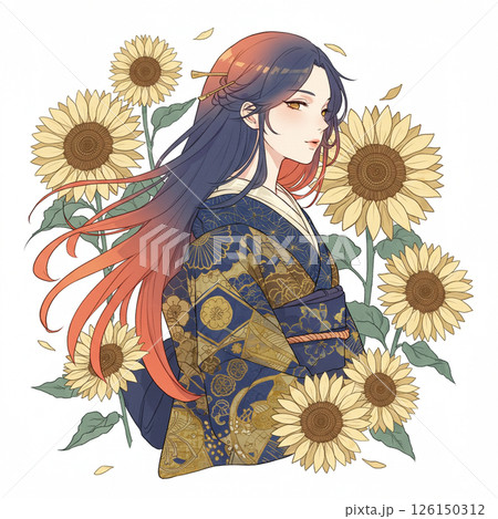 和美人＆ひまわりイラスト(正方形) 126150312