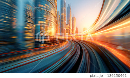 Dynamic cityscape with futuristic skyscrapers and vibrant light trails at sunset 126150461