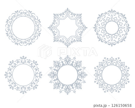 Set of decorative frames Elegant vector element for design in Eastern style, place for text. Floral gray and white borders. Lace illustration for invitations and greeting cards 126150658