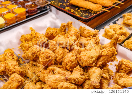 deep fried chicken legs in batter on street food market, selective focus deep fried chicken legs in batter on street food market, selective focus 126151140