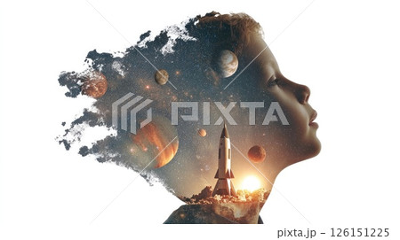 Child dreaming of space travel with rocket and planets silhouette 126151225