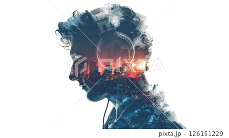Dj listening music with city skyline double exposure 126151229