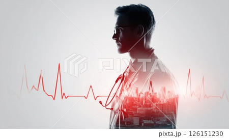 Doctor analyzing ekg line with city skyline reflecting healthcare system innovation 126151230