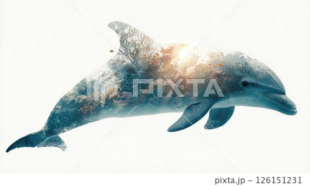 Dolphin swimming with coral reef double exposure effect promoting ocean conservation 126151231