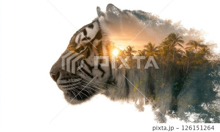 Tiger face overlaying tropical forest at sunset, double exposure effect Tiger face overlaying tropical forest at sunset, double exposure effect 126151264