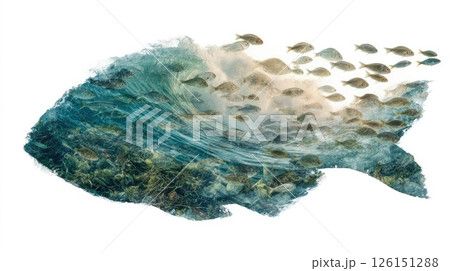 Surreal image of school of fish swimming in wave shaped like large fish 126151288
