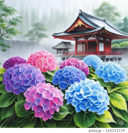 紫陽花のある梅雨の風景 126151574