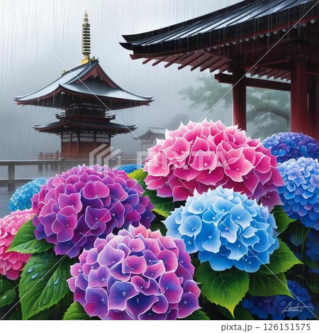 五重塔を背景に咲くアジサイの花 126151575