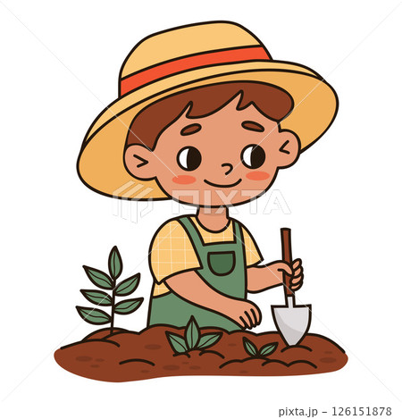 Cute boy Gardening with Shovel. Kid in hat with tool digging in garden and planting plants. Hand Color drawing doodle. Vector illustration Cute boy Gardening with Shovel. Kid in hat with tool digging in garden and planting plants. Hand Color drawing doodle. Vector illustration 126151878