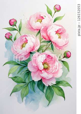 Pink blooming peonies bouquet watercolor painting AI generated image 126152053