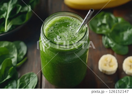 Green smoothie in glass jar with fresh spinach and banana on wooden table background 126152147