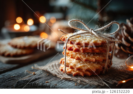 Golden butter cookies tied with twine on wooden board Golden butter cookies tied with twine on wooden board 126152220