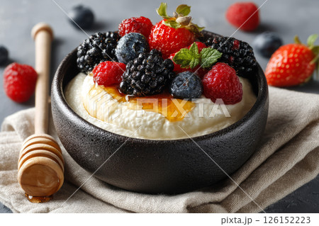 Traditional skyr with honey and mixed berries in black bowl 126152223