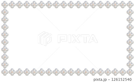白いお花のパールのフレームの3DCGイラスト 16:9の長方形状に並ぶ真珠のビーズのあしらい1 126152540