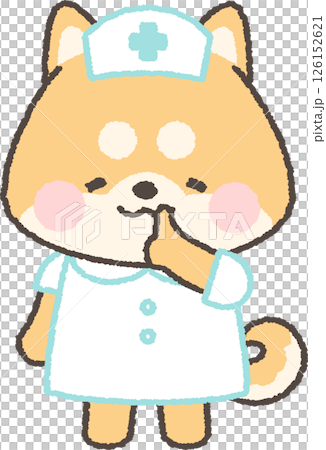 「しー」のポーズをする茶色の柴犬の看護師 126152621