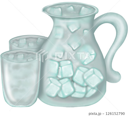 Hand drawn cute water jug and glass with ice illustration of crystal clear 126152790
