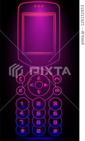 Vector illustration. Glowing vintage mobile phone with illuminated keypad and screen in purple neon against black background. 126152853