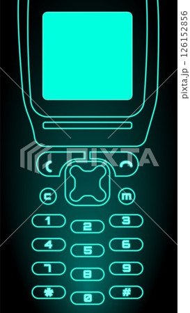 Vector illustration. Surreal art design. Vintage mobile with spaced-out keypad glowing in green-cyan neon. Concept of e2k visuals 126152856