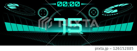 Surreal art collage. Digital cockpit layout with glowing 75 speed indicator and data visualization rings. Vector illustration. 126152885