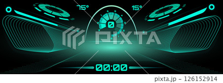 Surreal art collage. Futuristic neon dashboard interface with digital meters, glowing arcs, and angle indicators. Vector illustration. 126152914
