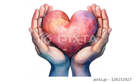 ハートを手に持った水彩イラスト（助け合い、協力、感謝、救いをイメージしたグラフィック素材） 126152927
