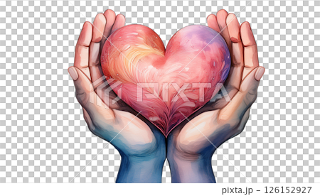 ハートを手に持った水彩イラスト（助け合い、協力、感謝、救いをイメージしたグラフィック素材） 126152927