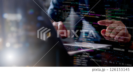 Software IT developer programming code binary data digital technology computer screen coding language dark background software development cybersecurity tech work hands typing 126153145
