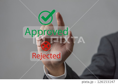 Finger pointing at Approve, Reject options. Symbol of decision, vote. Green check mark, red cross. Business concept: accept, decline. Easy to use. Finger pointing at Approve, Reject options. Symbol of decision, vote. Green check mark, red cross. Business concept: accept, decline. Easy to use. 126153147