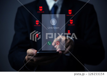 Hacker phone call warning, businessman facing cybersecurity threat, scam alert, digital fraud risk, cyber crime prevention, phishing attack protection, online privacy security. Hacker phone call warning, businessman facing cybersecurity threat, scam alert, digital fraud risk, cyber crime prevention, phishing attack protection, online privacy security. 126153154