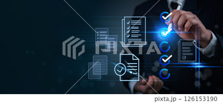 Smart document verification system showing virtual checklist interface. Business professional managing digital compliance workflow with approved marks. 126153190