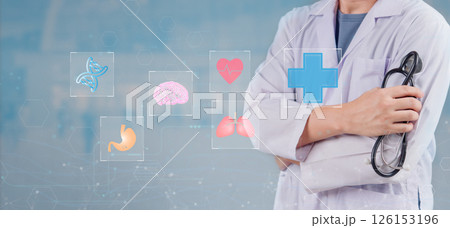 Medical AI system, doctor using futuristic healthcare analytics, smart medical technology, digital diagnosis platform, artificial intelligence in health monitoring, innovative medicine. Medical AI system, doctor using futuristic healthcare analytics, smart medical technology, digital diagnosis platform, artificial intelligence in health monitoring, innovative medicine. 126153196