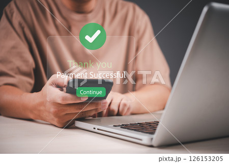 Digital payment concept with a smartphone screen displaying online banking, finance, and money transfer. E-commerce, mobile app, and financial technology for secure transactions and savings. 126153205